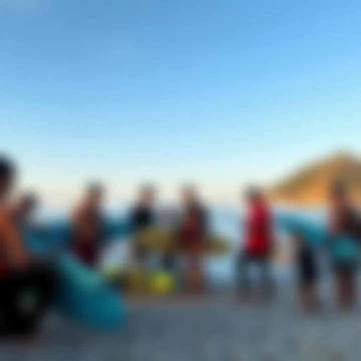 Community Connection A vibrant surf community gathered on the beach, sharing stories and experiences after a day of surfing.