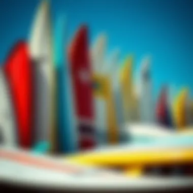 Variety in Design An array of surfboards lined up, highlighting the diversity of designs and colors used by surfers.