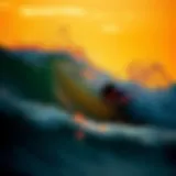 A surfer gracefully carving through a wave at sunset, showcasing skill and artistry.
