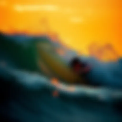 A surfer gracefully carving through a wave at sunset, showcasing skill and artistry.