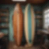 A beautifully crafted surfboard in a workshop setting showcasing craftsmanship.