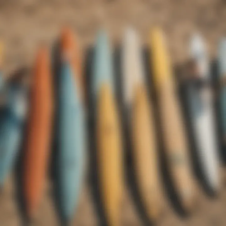 A group of surfers proudly displaying their custom-made surfboards at the beach.