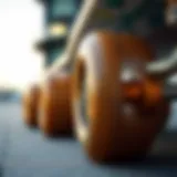 Close-up view of downhill longboard wheels showcasing their unique design and materials