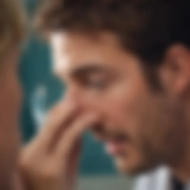 A depiction of a medical professional examining an ear