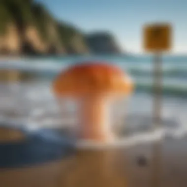 A serene beach scene with warning signs about jellyfish presence, emphasizing prevention and safety measures.