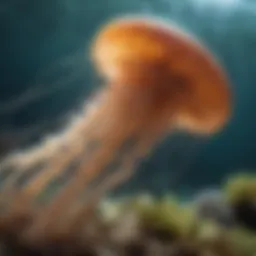 A close-up view of a jellyfish in its natural habitat, showcasing its unique features and colors.