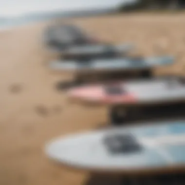 Electric boards lined up on the beach ready for use