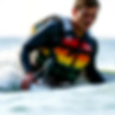 A surfer demonstrating the use of a flotation vest in ocean waves