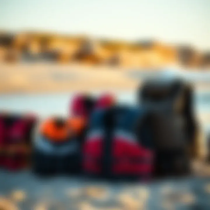 Different types of flotation vests displayed on a beach setting