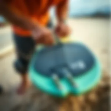 Installing a Skimboard Stomp Pad A rider applying a stomp pad to a skimboard with precision