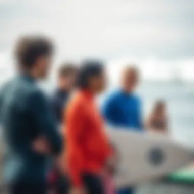 Collaborative learning among surfers Group of surfers discussing techniques