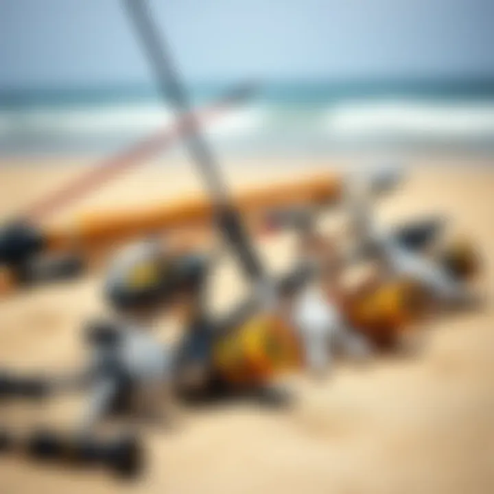 Diverse Surf Rod and Reel Combos A collection of surf rod and reel combinations displayed on a sandy beach