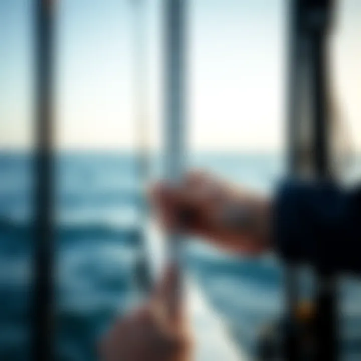 Measuring Rod Length for Surf Fishing Close-up of rod length measurement against ocean backdrop