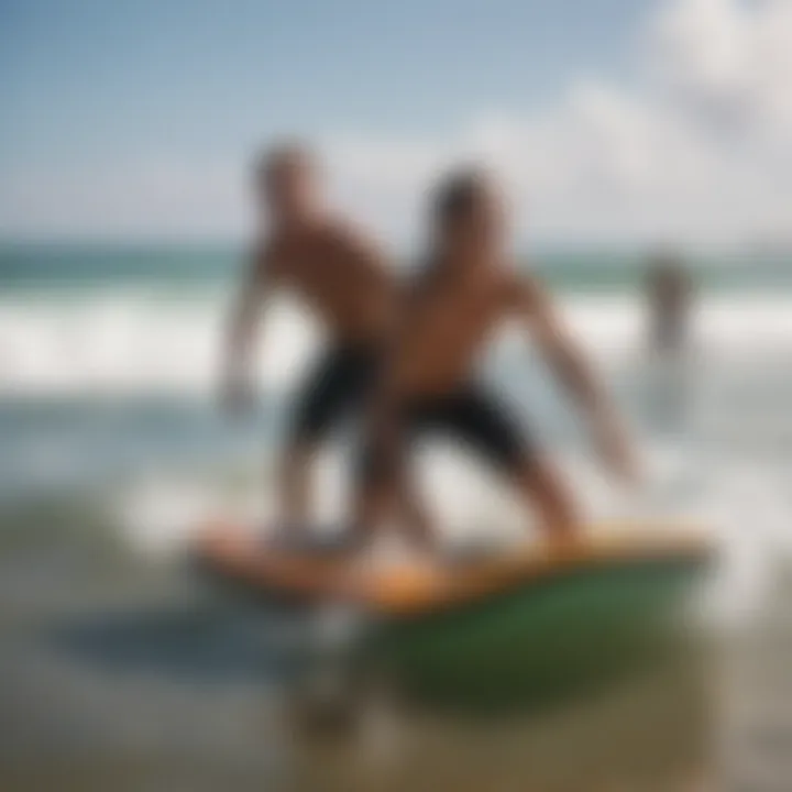 Beginners learning to use boogie boards in shallow water