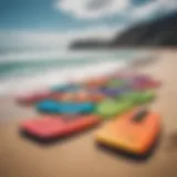 Colorful boogie boards displayed on the beach