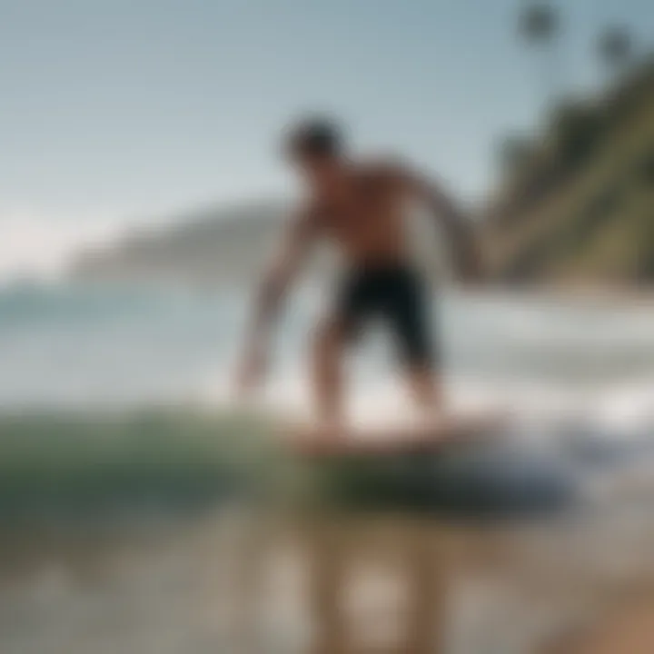 A beginner practicing skimboarding on a calm shoreline