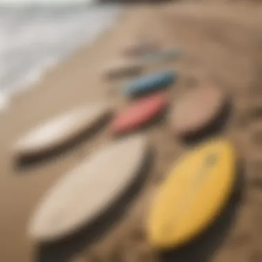 Diverse Range of Affordable Skimboards A collection of budget-friendly skimboards displayed on the beach