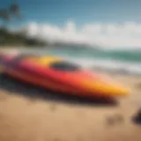 Vibrant surfwear displayed on a sandy beach