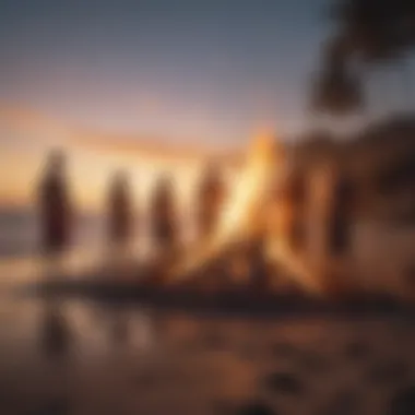 Community and Connection by the Fire A vibrant beach bonfire surrounded by surfboards