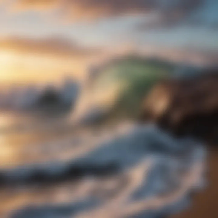 Waves crashing against a rocky shore at sunset