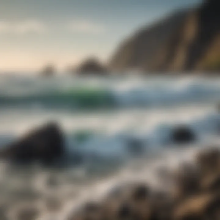 Rocky coastline with surfers in the distance