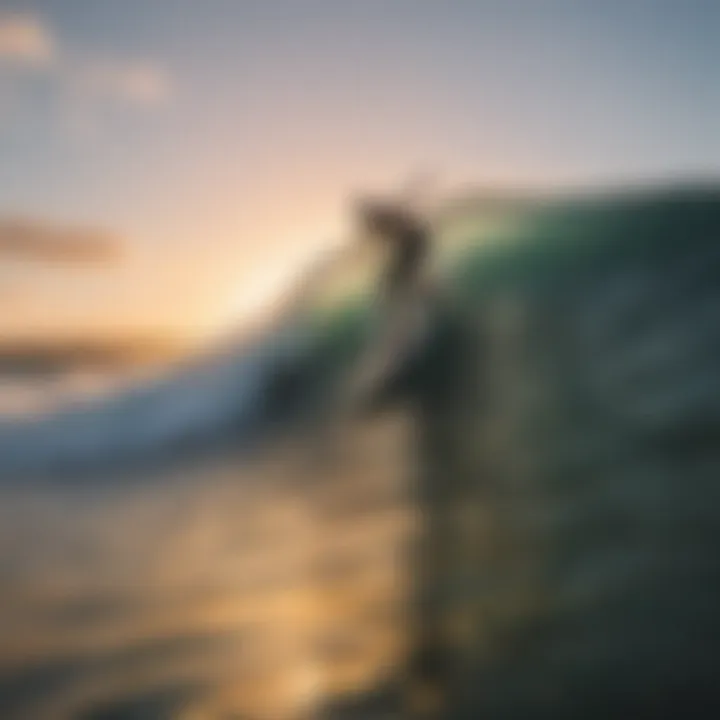 Surfer riding a wave at sunset