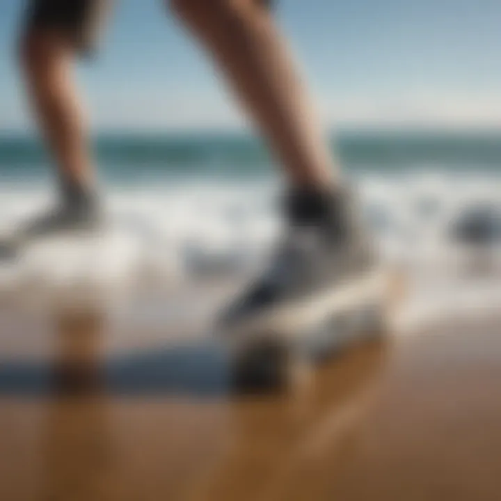 A surfer showcasing DC skate shoes on a board