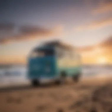 A sleek big wave campervan parked beside a stunning beach at sunset