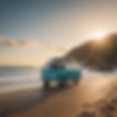 A scenic view of a big wave campervan parked by the ocean with surfboards attached