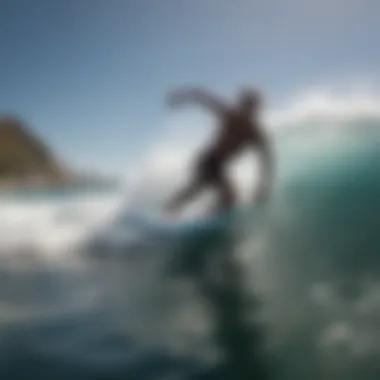 An action shot of a body surfer skillfully riding a wave, showcasing technique and balance.