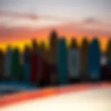 Diversity in Surfboards at Dusk A vibrant surf scene showcasing diverse boards against a sunset backdrop