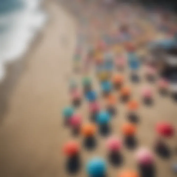 Colorful beach umbrellas dotted along the coastline during a sunny day