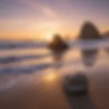 Sunset over a serene California beach with unique rock formations