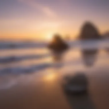 Sunset over a serene California beach with unique rock formations