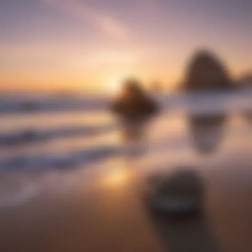 Sunset over a serene California beach with unique rock formations