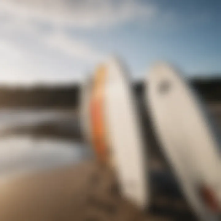 A close-up of surfboards lined up on the beach