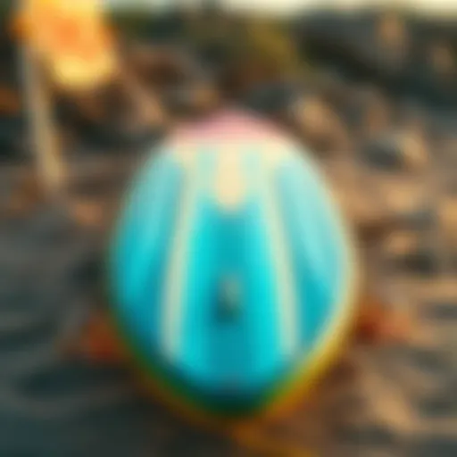 Soft top surfboard showcasing its unique design and vibrant colors