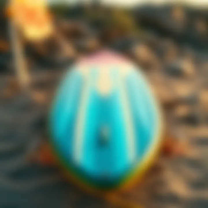 Soft top surfboard showcasing its unique design and vibrant colors