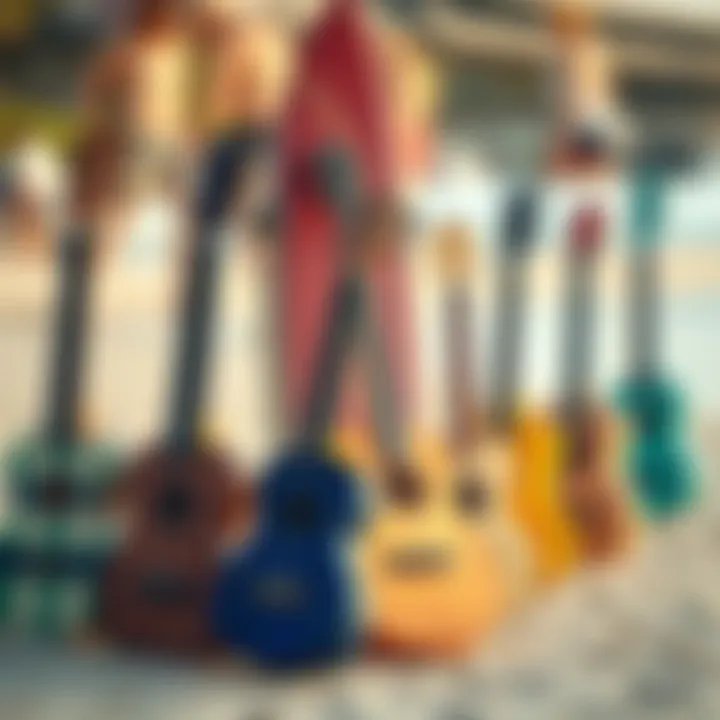 Variety of Ukes on the Beach Different types of ukes displayed on a sandy beach