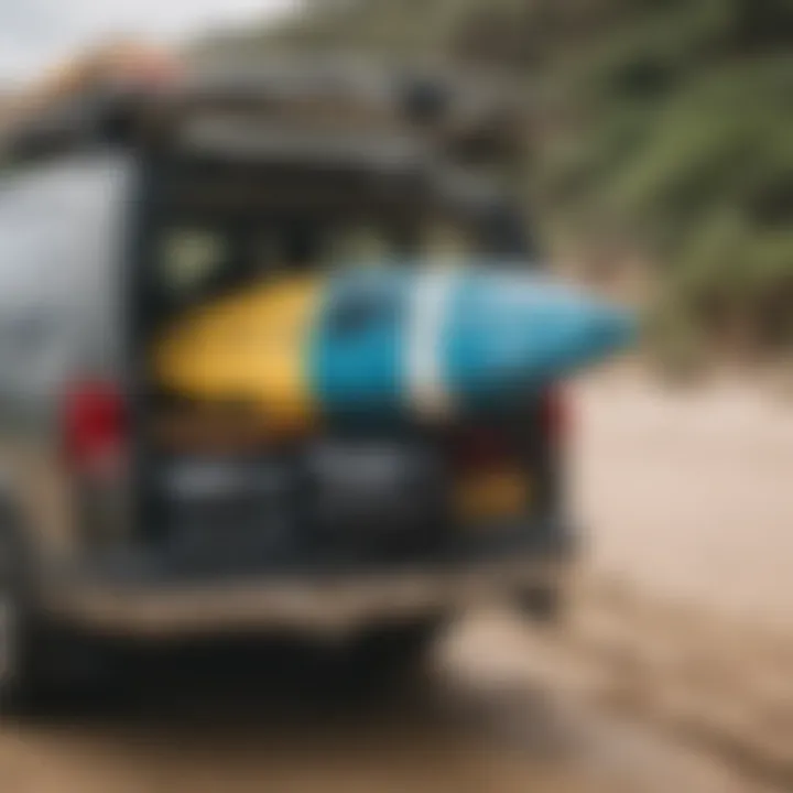 Surfer loading double surfboard bag into vehicle