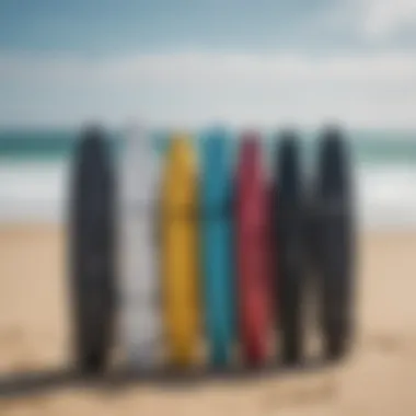 Variety of double surfboard bags displayed on a beach