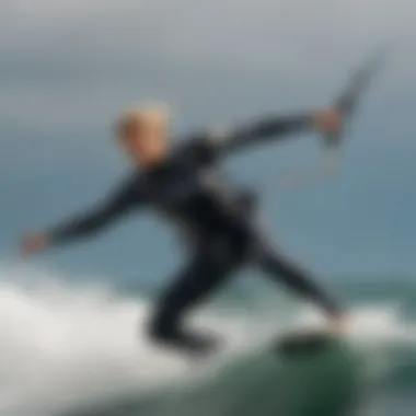 Kitesurfer in Action with Performance Wetsuit Kitesurfer riding the waves wearing a streamlined wetsuit designed for optimal performance