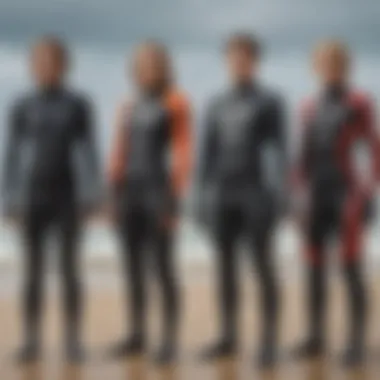 Diverse types of kitesurf wetsuits arranged for comparison in varying styles and thicknesses