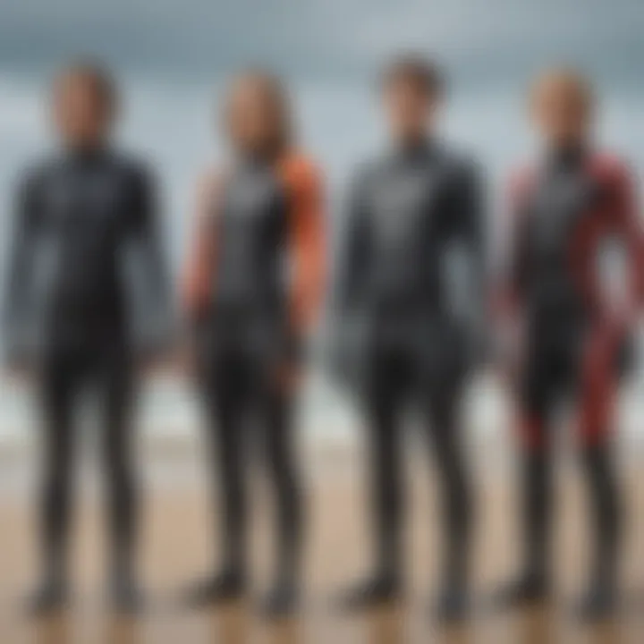 Diverse types of kitesurf wetsuits arranged for comparison in varying styles and thicknesses