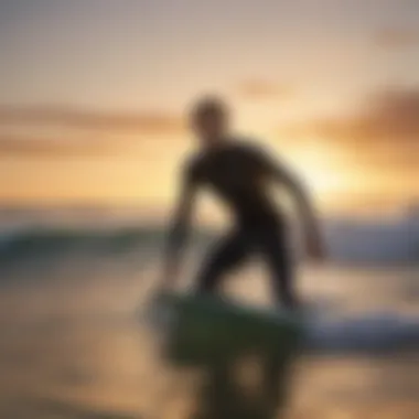 Surfer riding a wave in a full body wetsuit during sunset