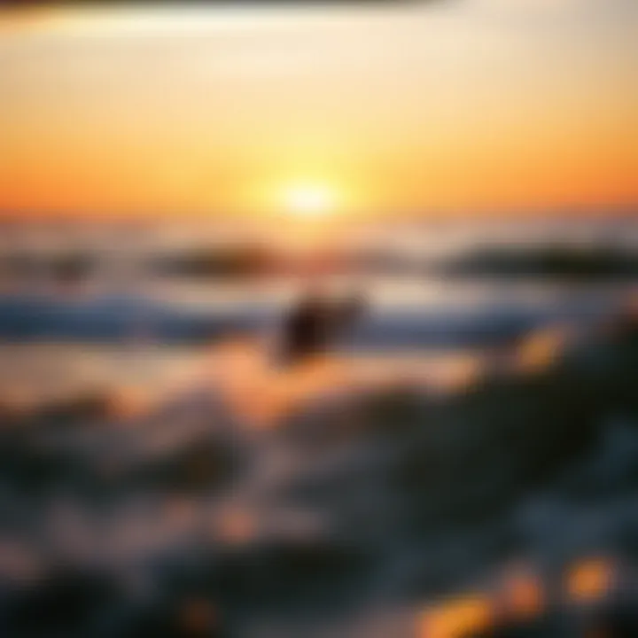 Surfers Embracing the Waves at Sunset A scenic sunset backdrop with surfers riding the waves