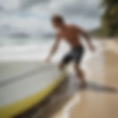 Surfer securing surfboard on a foam surf rack, highlighting functionality and safety