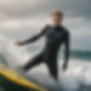 Athlete in Action: Front Zip Wetsuit Performance An athlete wearing a front zip wetsuit in action on the waves.