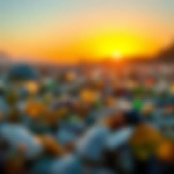 Sunset Over Glass Beach Sunset casting a golden hue over the glass-filled sands.