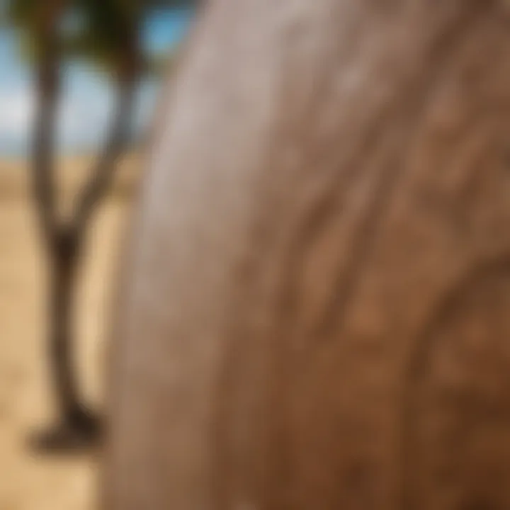 Close-up of a surfboard decorated with traditional Hawaiian motifs.